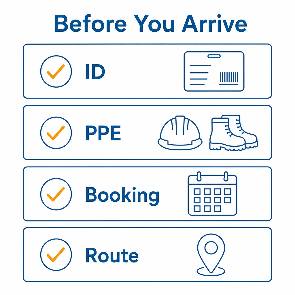 Checklist graphic showing ID, PPE, booking and route preparation.