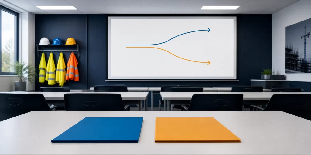 Clean construction safety training classroom with two route folders on a table.
