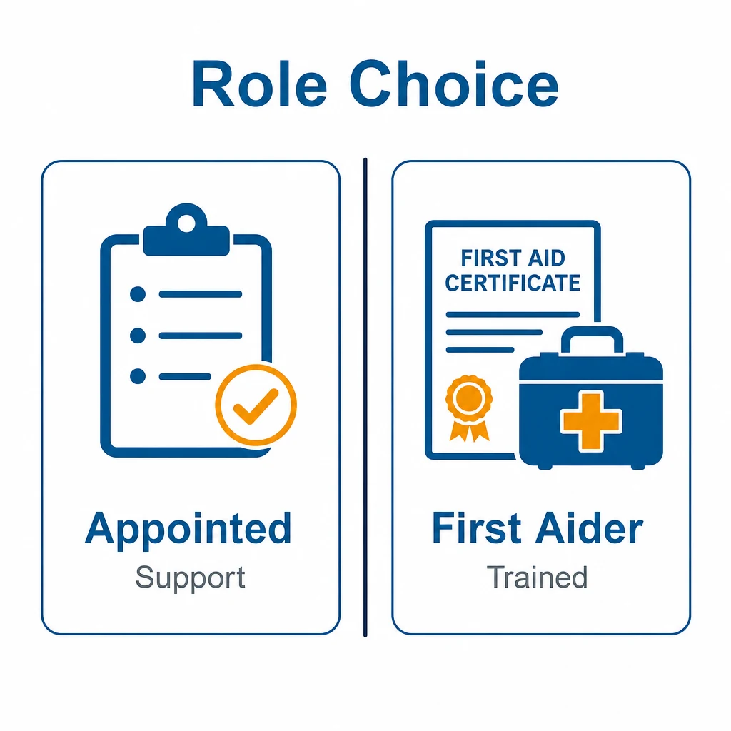 Comparison graphic showing appointed person and trained first aider roles.