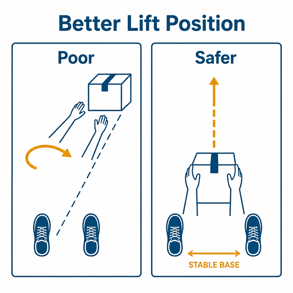 Comparison graphic showing poor reaching and safer close-position lifting.