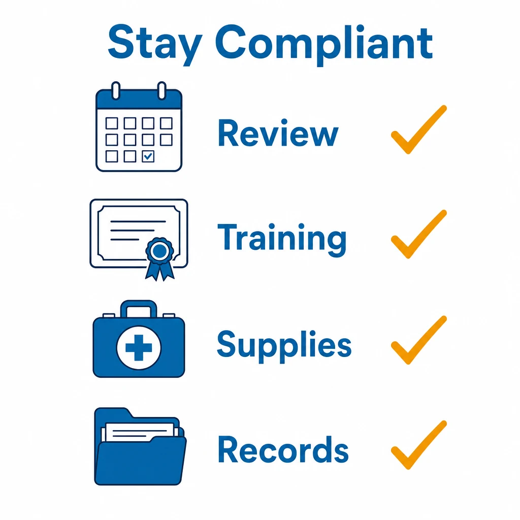 Compliance checklist for review, training, supplies and records.