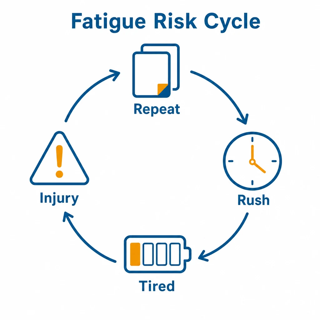 Cycle graphic showing repetition, rushing, fatigue and injury risk.