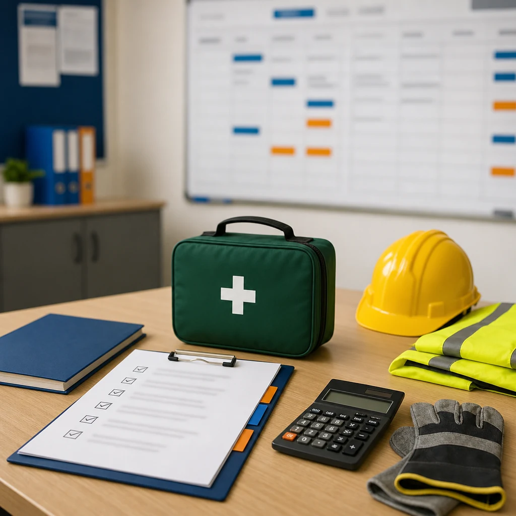 First aid planning materials with kit, PPE, clipboard and rota board.