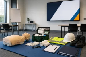First aid training classroom with mannequin, kit and safety equipment.