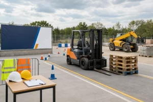 Forklift and telehandler in a clean construction training yard.