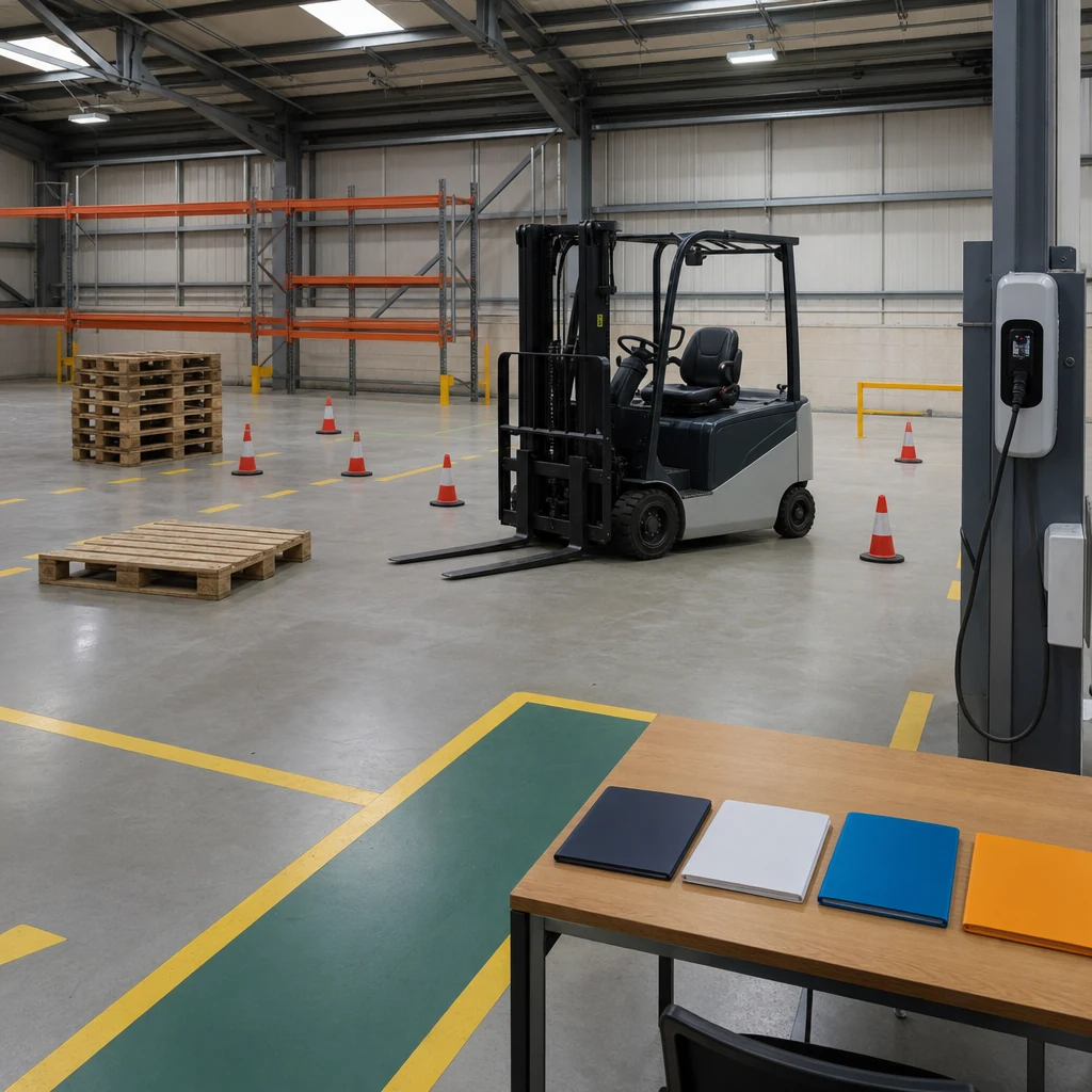 Forklift training bay with pallets and marked practice lanes.