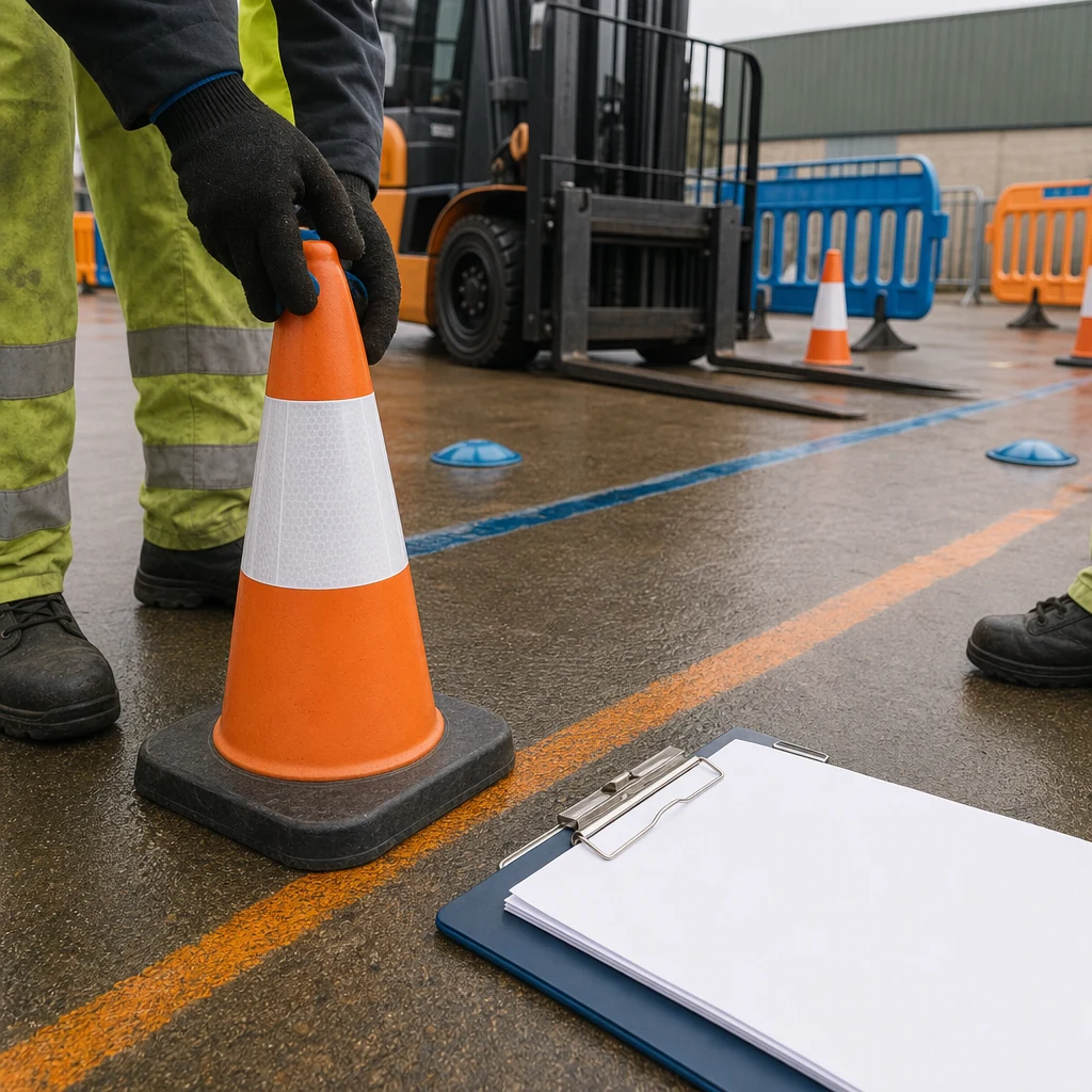 Gloved hands setting out cones for practical forklift training assessment.