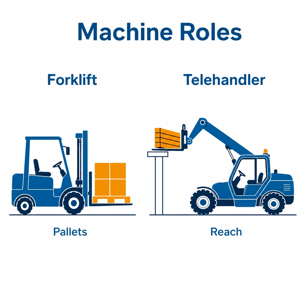 Graphic comparing forklift pallet handling with telehandler reach.