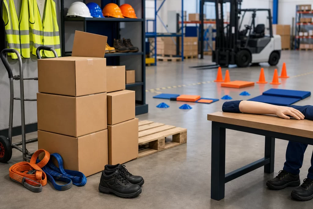Manual handling training equipment with boxes, PPE and a sack truck in a professional safety training area.