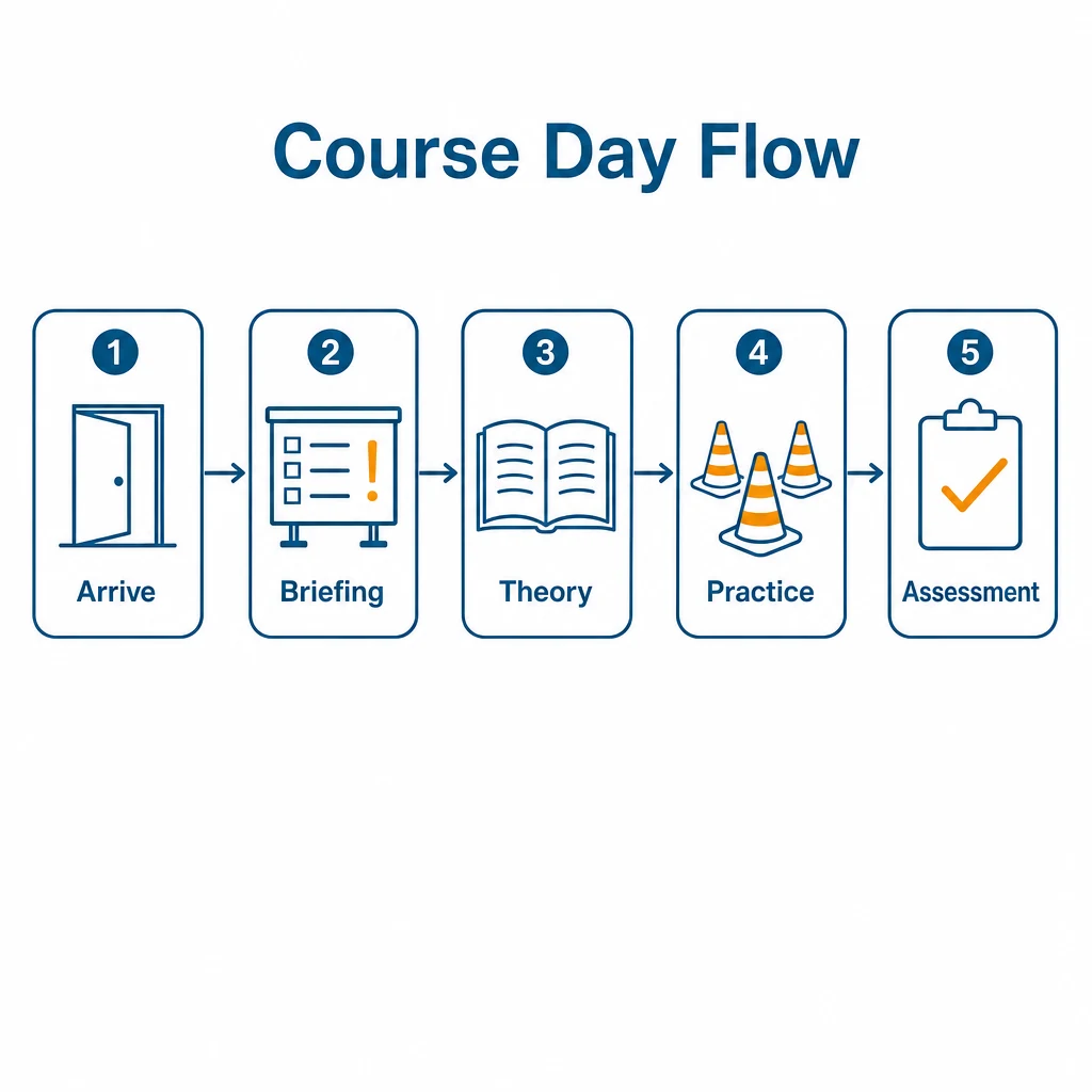 Process graphic showing the course day flow from arrival to assessment.