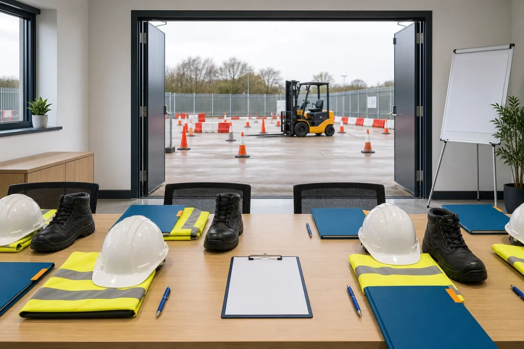 Safety training classroom prepared with PPE beside a forklift practice area.