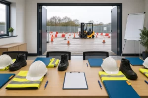 Safety training classroom prepared with PPE beside a forklift practice area.