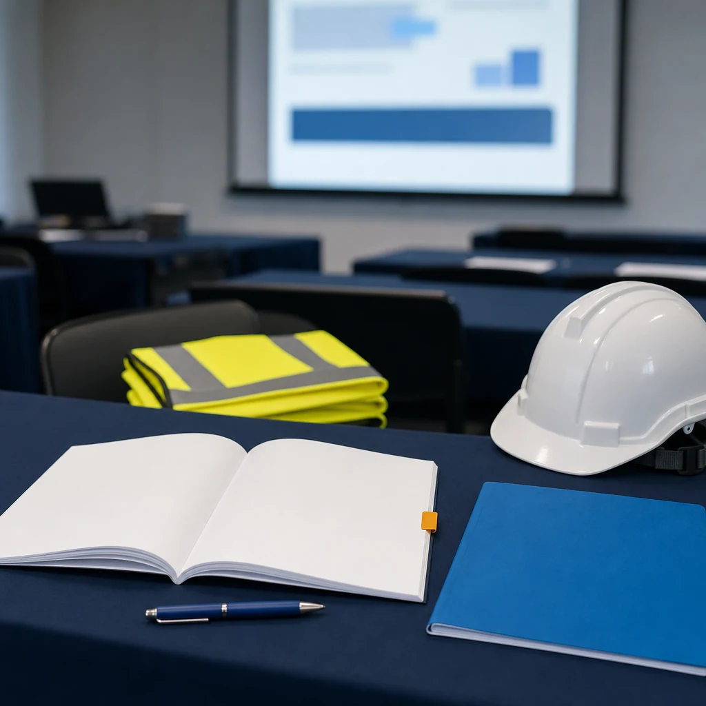 Theory training desk with workbook, folder, PPE and classroom screen.