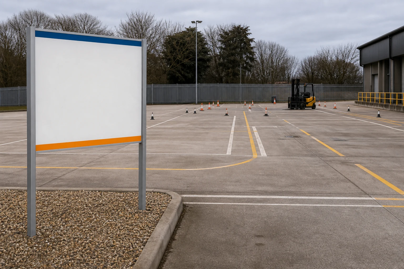 Tidy construction training practice area with an unbranded forklift in the background.