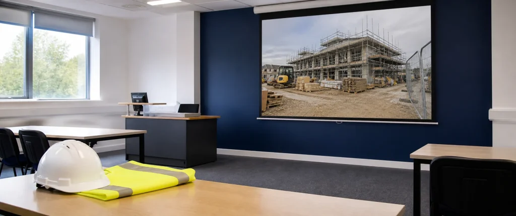 Empty construction safety training classroom with PPE on a desk