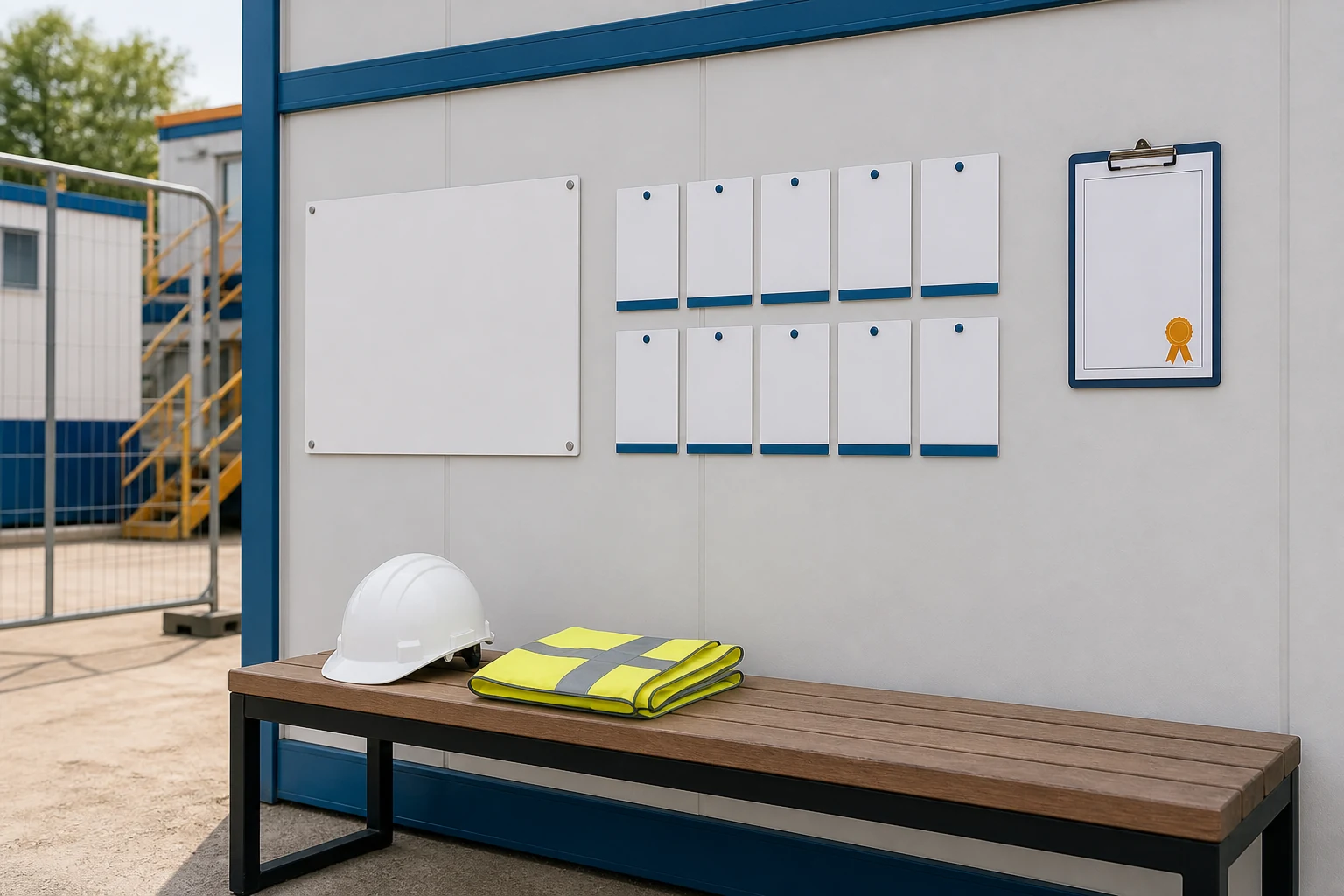 Tidy construction site briefing area with PPE on a bench