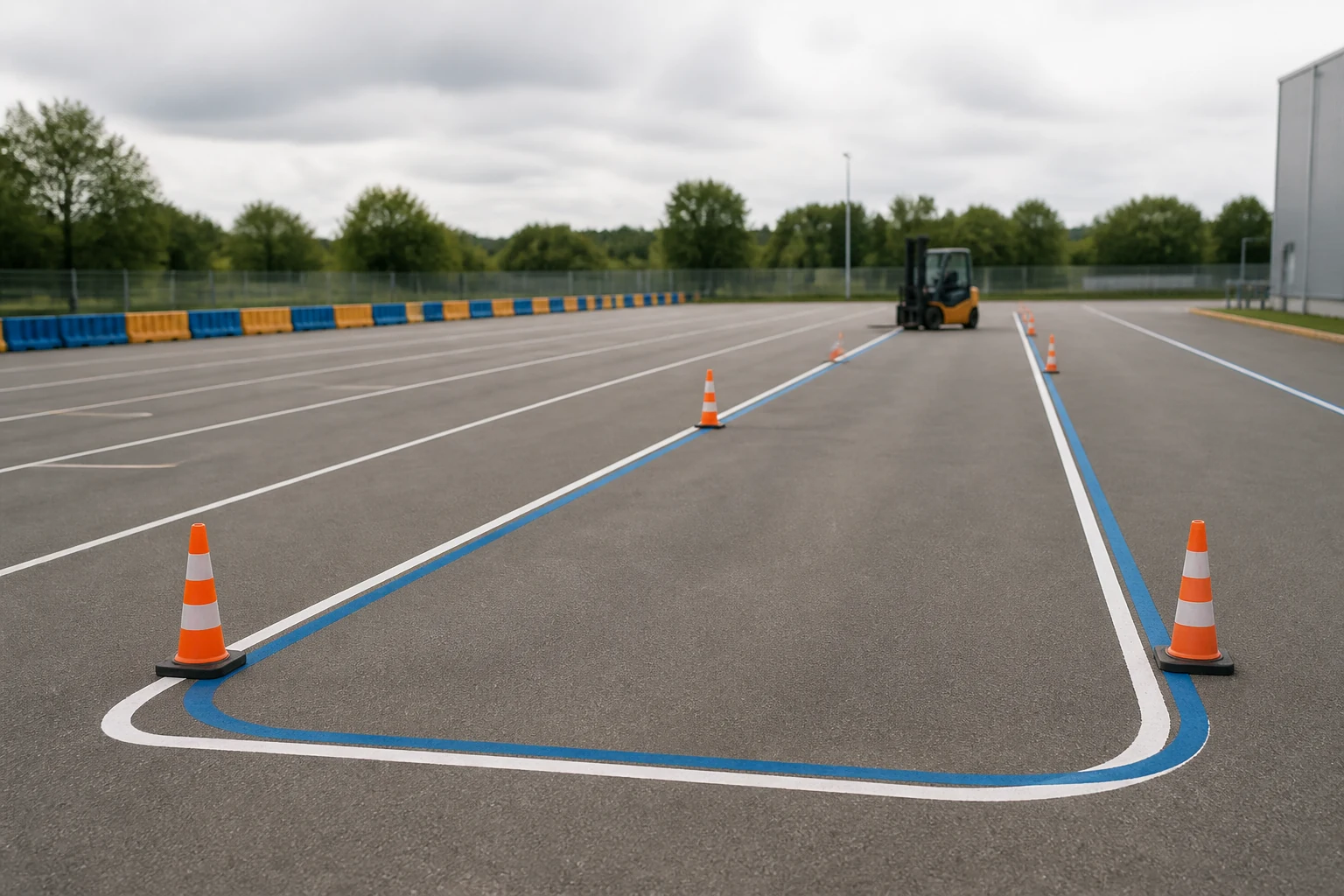 Tidy plant operator training assessment area with marked practice lane