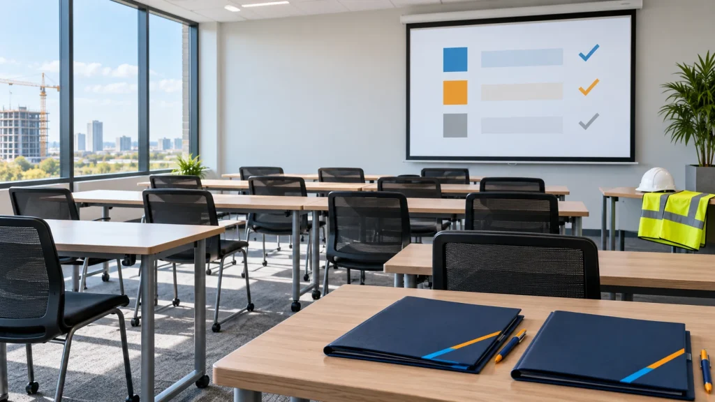 Clean construction safety training classroom with records folders and PPE.