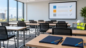 Clean construction safety training classroom with records folders and PPE.