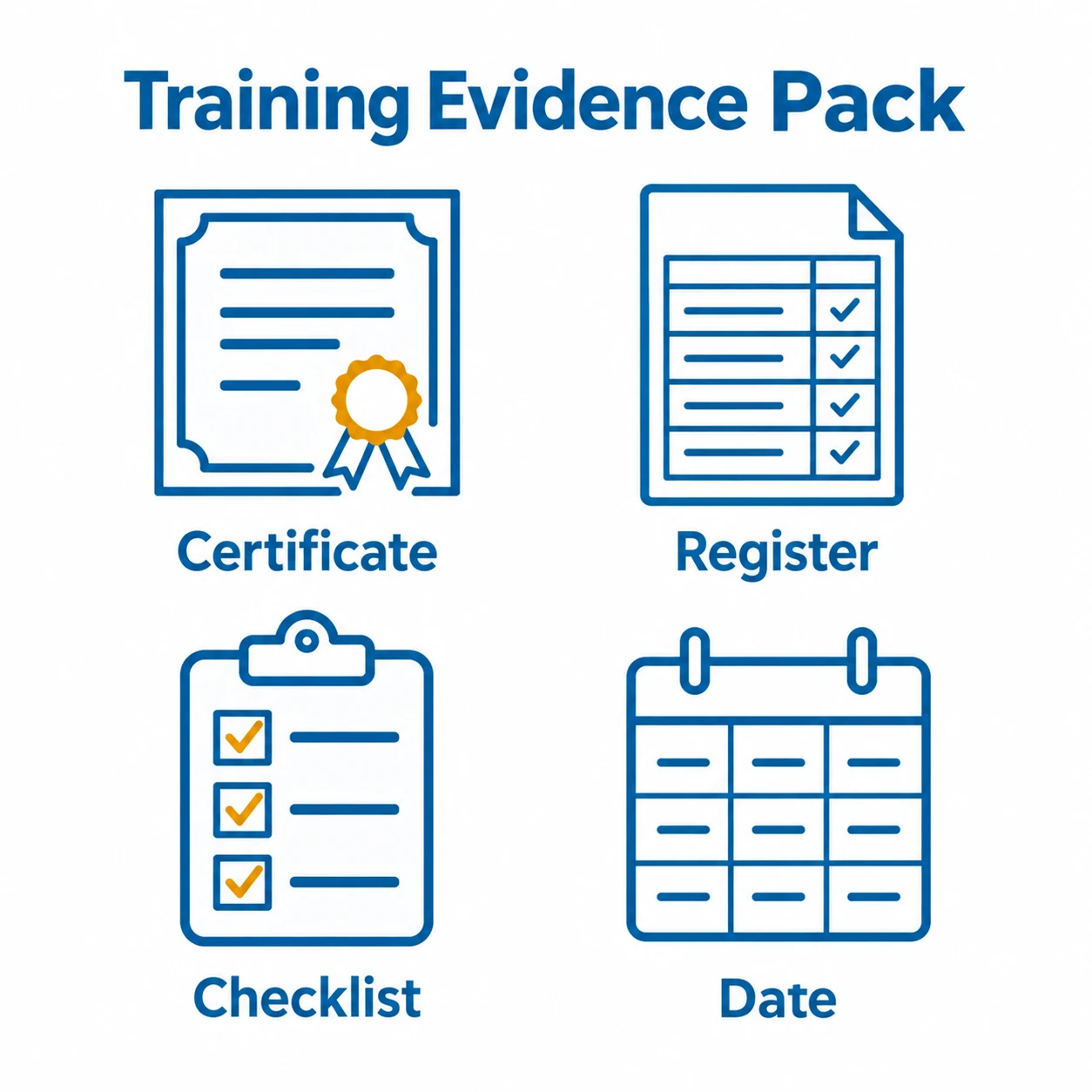 Graphic showing certificates, registers, checklists and dates as training evidence.