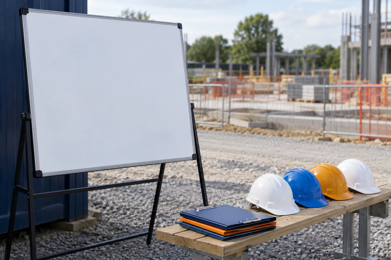 Tidy construction site briefing point with clipboards and hard hats.